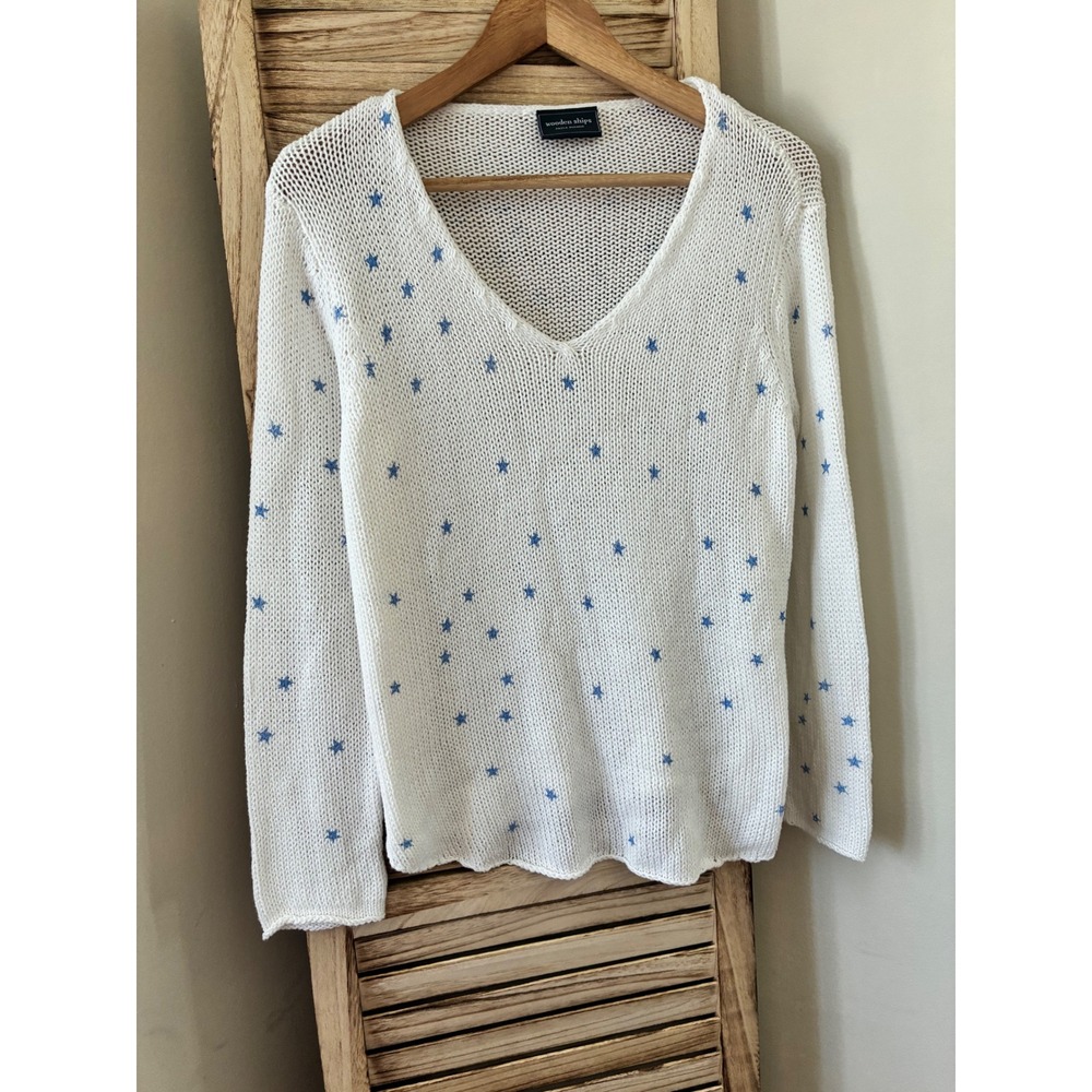 Wooden Ships Paola Buendia Celestial Star Knit Sweater White Blue Small/ Medium